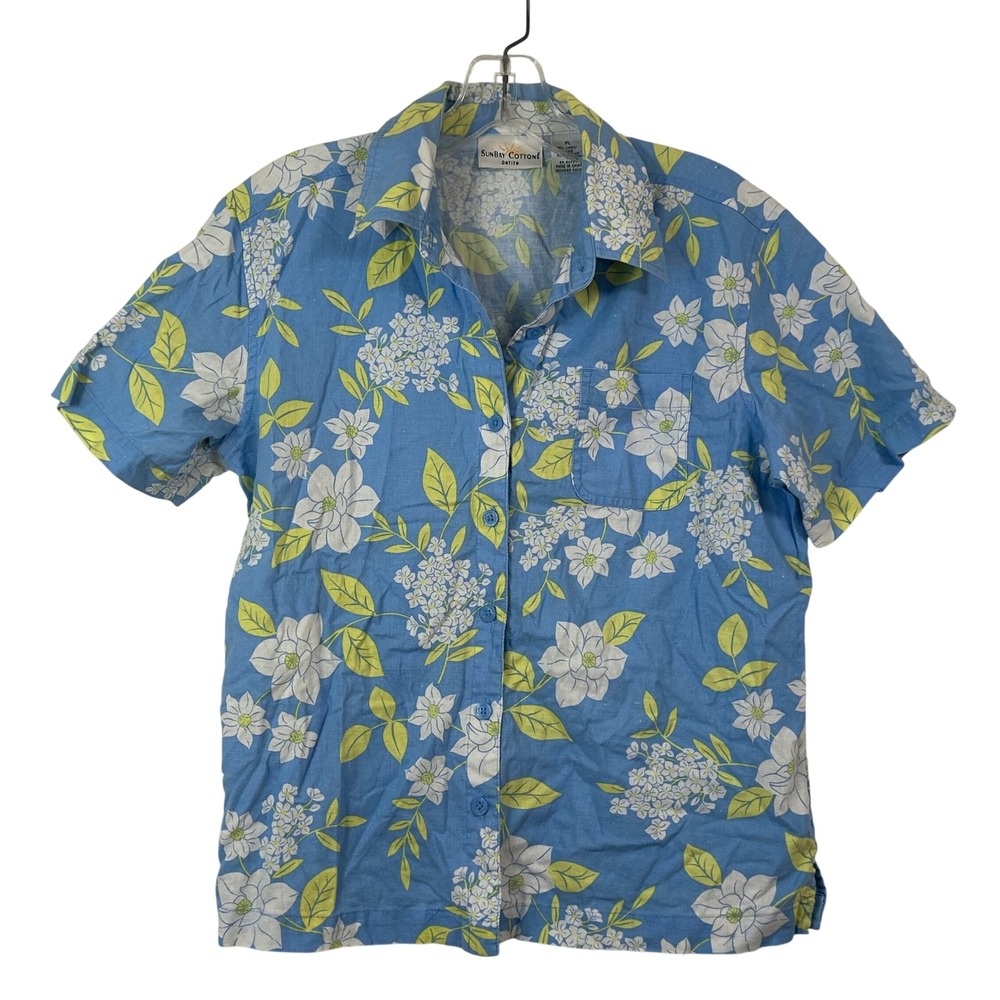 Sunbay Cottons Blue Floral Linen Cotton Button Down Shirt Petite Large PL